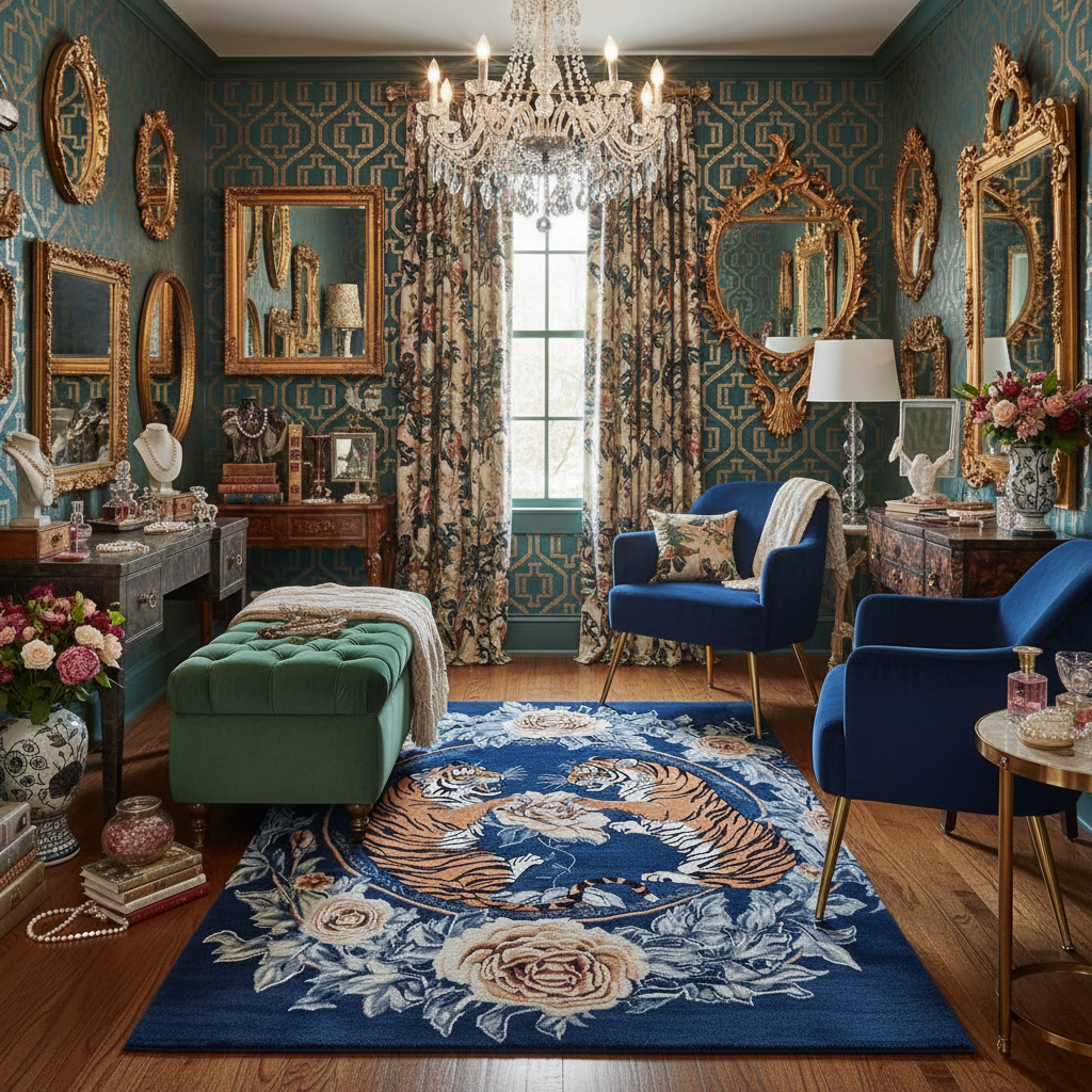 Luxurious living room with ornate decor, blue chairs, and a chandelier.