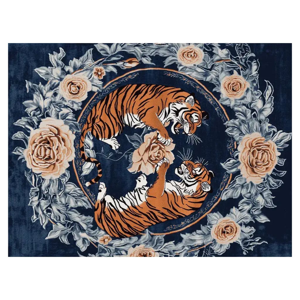 A stunning area rug featuring a vibrant design with two abstract tigers surrounded by intricate floral patterns. This hand-tufted wool rug offers a vintage charm, making it ideal for adding an elegant touch to living rooms. Perfect as both a floral rug and a striking piece among rugs for living room decor.