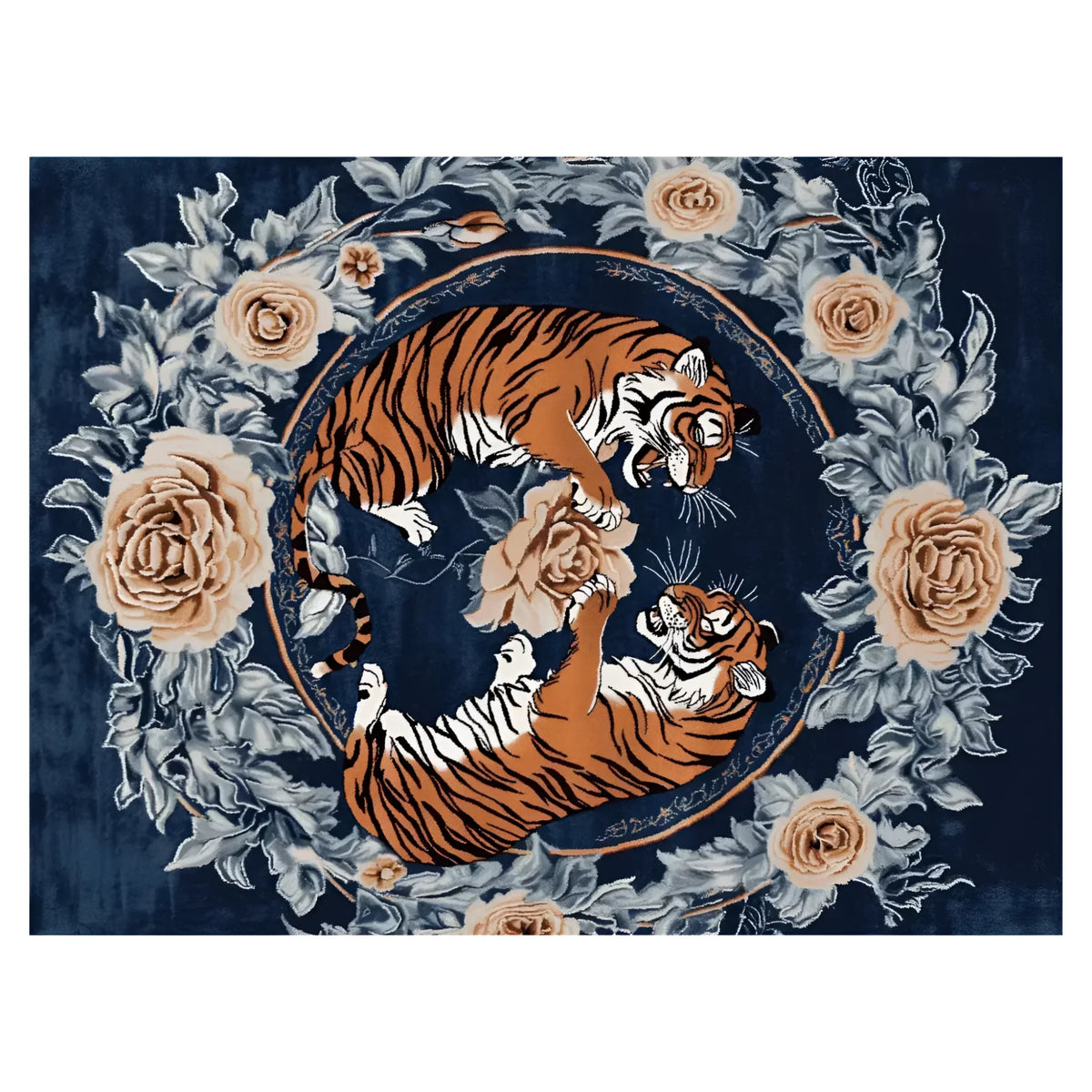 A stunning area rug featuring a vibrant design with two abstract tigers surrounded by intricate floral patterns. This hand-tufted wool rug offers a vintage charm, making it ideal for adding an elegant touch to living rooms. Perfect as both a floral rug and a striking piece among rugs for living room decor.