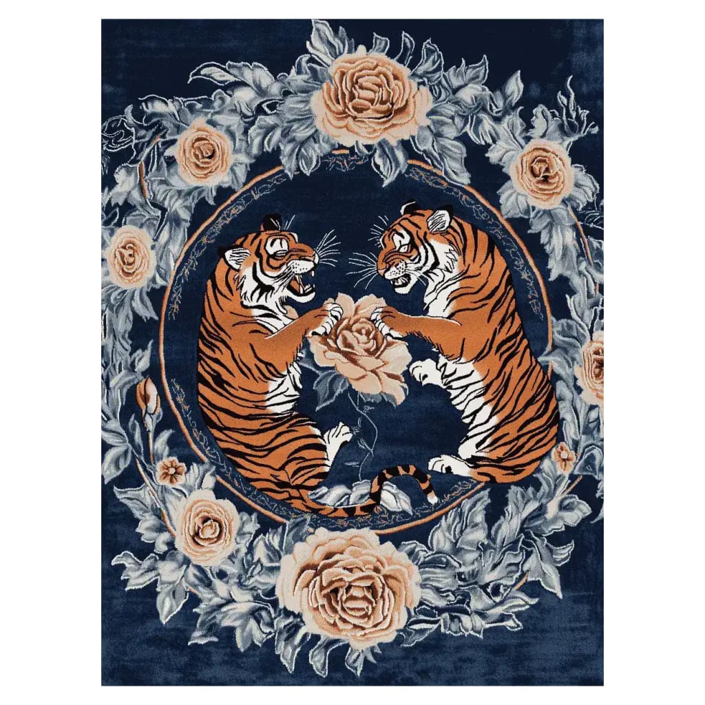 Majestic Clash Hand Tufted Rug featuring a vibrant design of two tigers surrounded by intricate floral patterns on a deep blue background. This area rug adds a touch of vintage elegance to any living room with its luxurious wool texture, making it a perfect choice for those seeking a floral rug or a vintage rug. Ideal for adding a statement piece to your area rugs collection for living room decor.