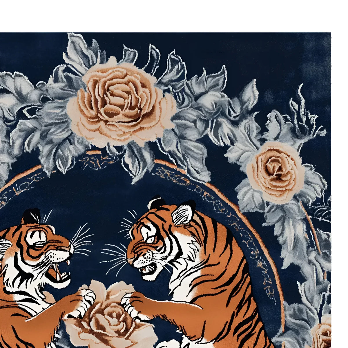 The Majestic Clash Hand Tufted Rug, a stunning area rug, showcases a vibrant design featuring two tigers amidst a backdrop of intricate floral patterns. This wool rug, perfect for adding a vintage touch to living rooms, combines detailed roses and leaves for a rich and elegant look.