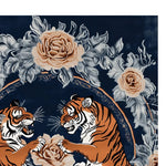The Majestic Clash Hand Tufted Rug, a stunning area rug, showcases a vibrant design featuring two tigers amidst a backdrop of intricate floral patterns. This wool rug, perfect for adding a vintage touch to living rooms, combines detailed roses and leaves for a rich and elegant look.