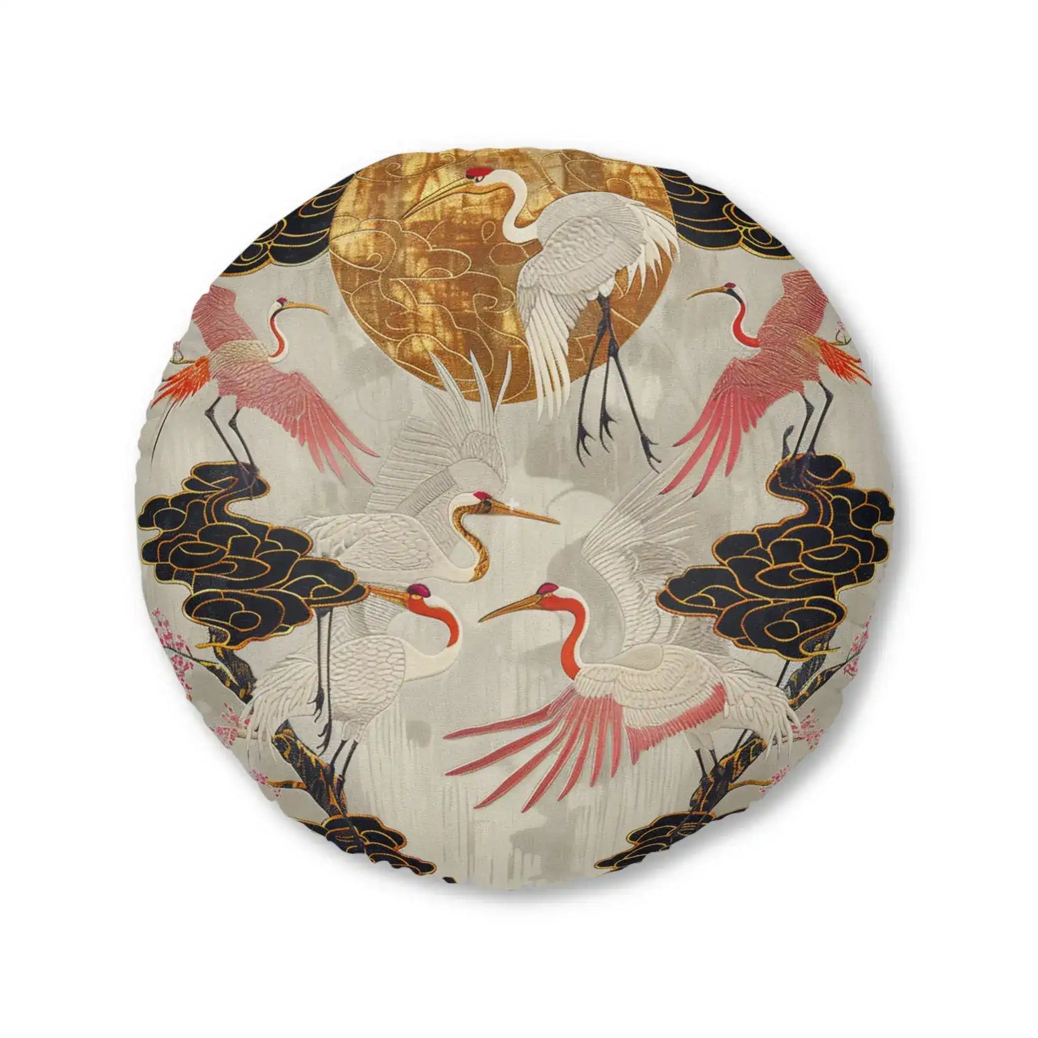 Majestic Crane and Cloud Pattern Floor Pillow front slightly wider crop showing full golden sun and top cloud detail