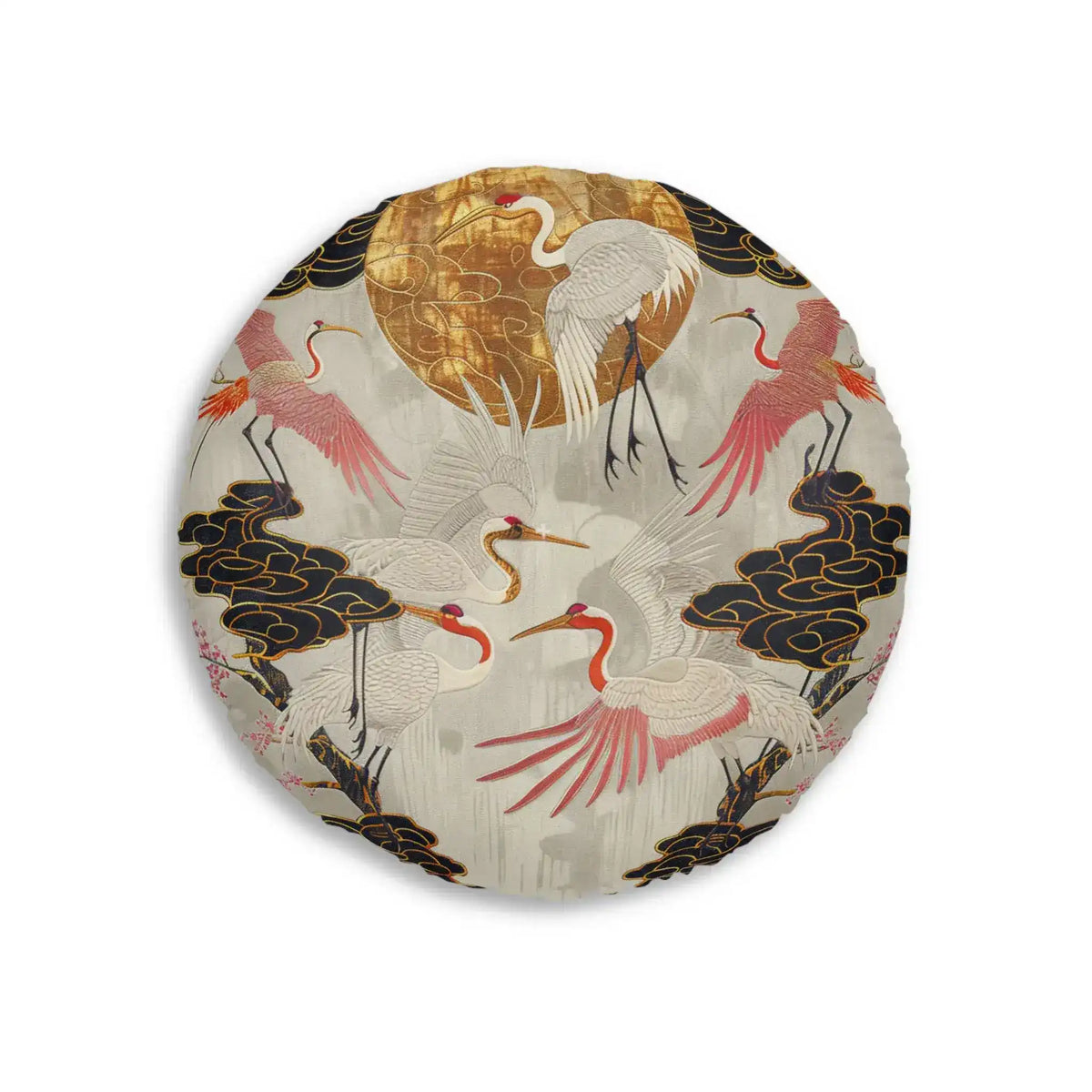 Majestic Crane and Cloud Pattern Floor Pillow front view showing lower crane and cloud detail near bottom edge