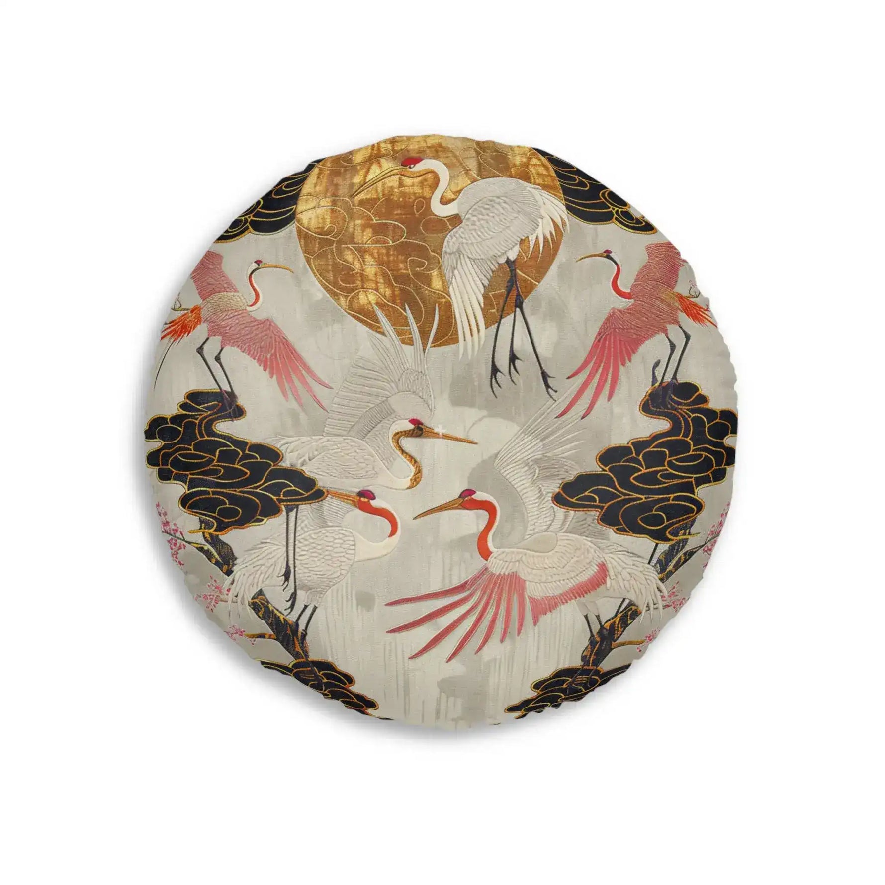 Majestic Crane and Cloud Pattern Floor Pillow front view showing lower crane and cloud detail near bottom edge