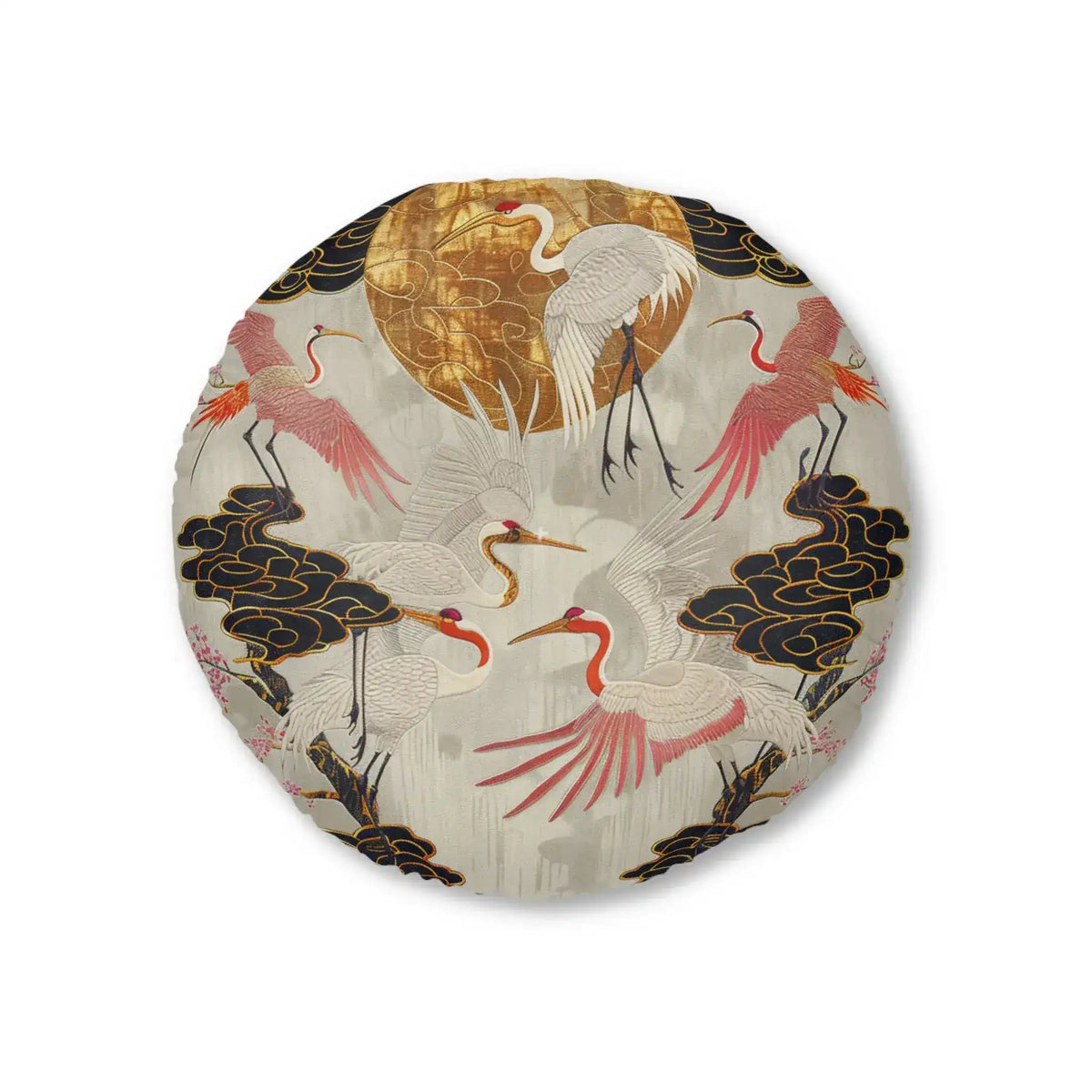 Majestic Crane and Cloud Pattern Floor Pillow front view, round cream cushion with white and pink cranes, dark navy cloud puffs, golden sun motif