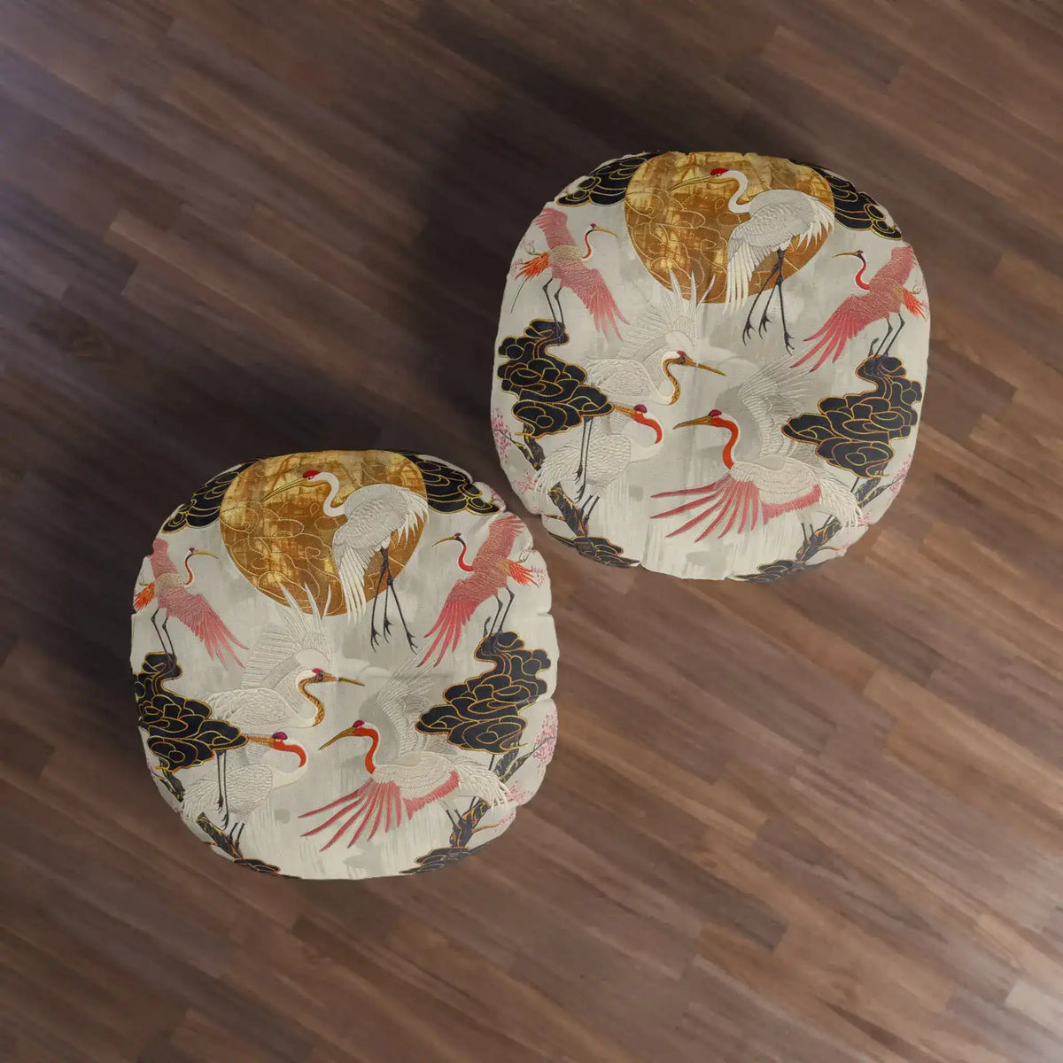 Two Majestic Crane and Cloud Pattern Floor Pillows overhead on lighter background showing pair under brighter lighting