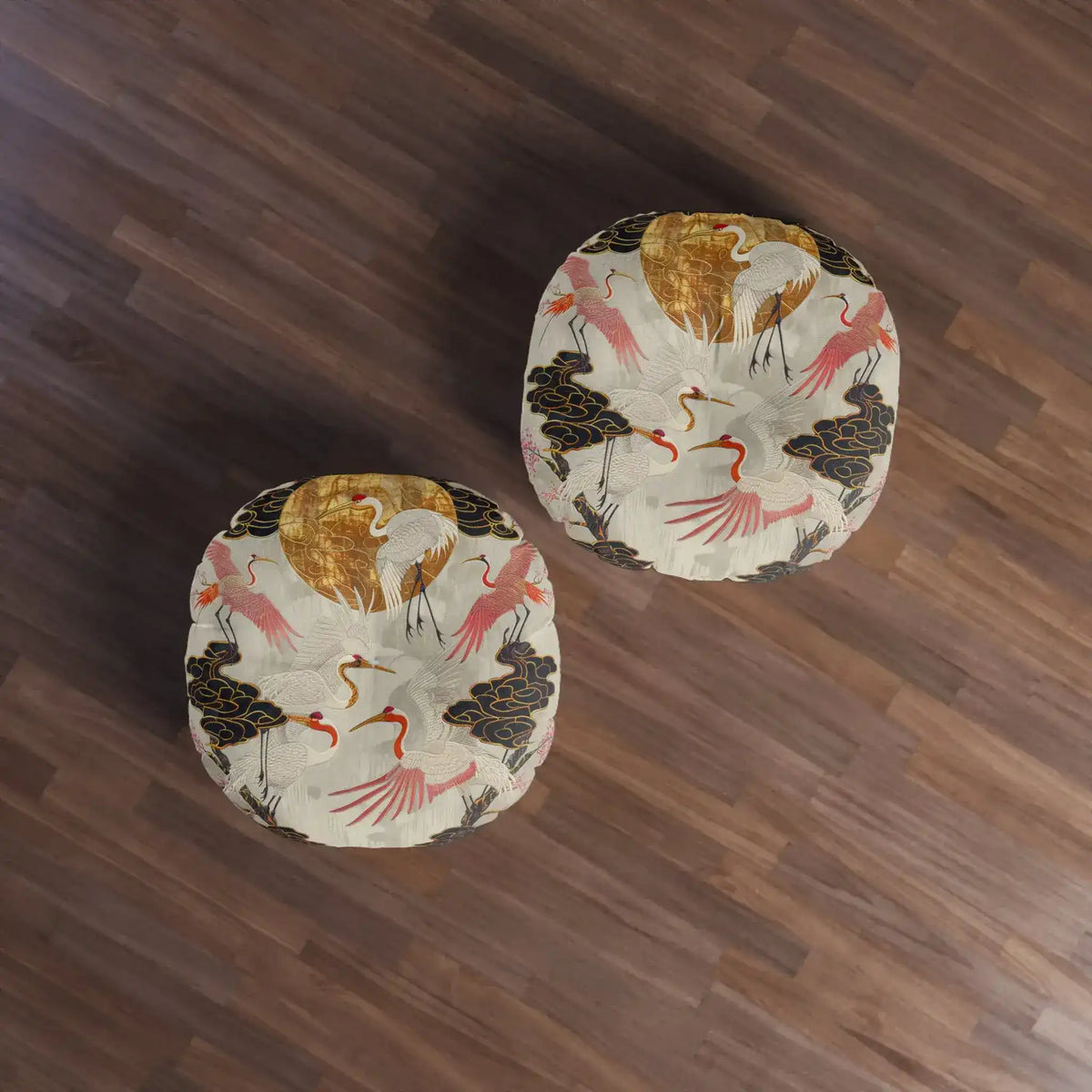 Two Majestic Crane and Cloud Pattern Floor Pillows overhead view on dark wood floor showing paired round cushions