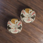 Two Majestic Crane and Cloud Pattern Floor Pillows overhead view on dark wood floor showing paired round cushions