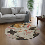 Majestic Crane and Cloud Pattern Round Rug in a bright living room with gray sofa, birds and blossoms on cream ground
