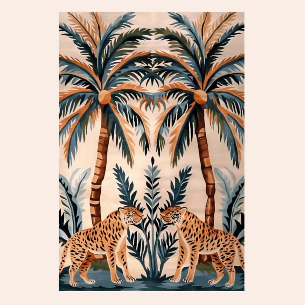 This stunning Majestic Jungle Dawn Hand Tufted Area Rug features an intricate design with two majestic leopards surrounded by lush tropical palm trees, perfect for adding a touch of the exotic to your dining room or living room. Ideal as a dining table rug or as a living room rug sized 8x10, this wool rug combines art and functionality beautifully.