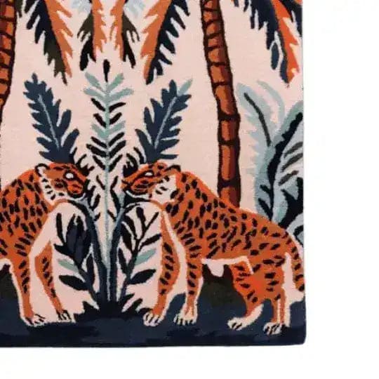 Majestic Jungle Dawn hand-tufted area rug featuring vibrant abstract tiger designs amidst lush palm leaves, perfect for adding a bold statement to your dining room or living room. This wool rug is an ideal choice for 8x10 living room rugs, combining style with durability.