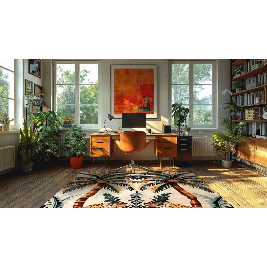 A vibrant area rug featuring an abstract jungle design is spread in a cozy home office. The wool rug adds a lively touch to the wooden floor, complementing the mid-century modern desk and orange chair. The room is illuminated with natural light from large windows, providing a perfect setting for dining room or living room rugs 8x10.
