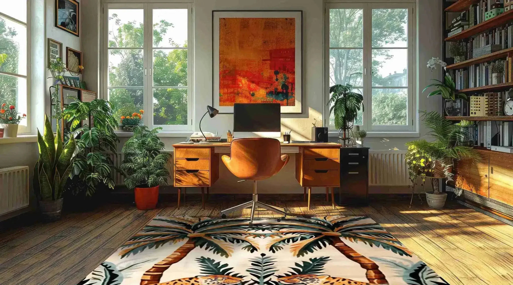 A vibrant area rug featuring an abstract jungle design is spread in a cozy home office. The wool rug adds a lively touch to the wooden floor, complementing the mid-century modern desk and orange chair. The room is illuminated with natural light from large windows, providing a perfect setting for dining room or living room rugs 8x10.