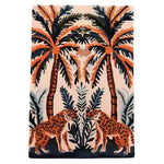 Vibrant area rug featuring a majestic jungle dawn scene with two abstract tigers and lush palm trees, perfect for adding a touch of exotic elegance to your dining room or living room. This hand-tufted wool rug is ideal for spaces needing an 8x10 living room rug.