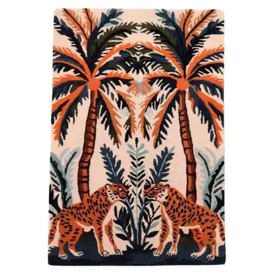 Vibrant area rug featuring a majestic jungle dawn scene with two abstract tigers and lush palm trees, perfect for adding a touch of exotic elegance to your dining room or living room. This hand-tufted wool rug is ideal for spaces needing an 8x10 living room rug.