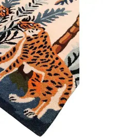 Stunning Majestic Jungle Dawn Hand Tufted Area Rug featuring an abstract tiger design in vibrant orange and black, set against lush green foliage. Perfect as a dining table rug or a standout piece in the living room. This wool rug, sized 8x10, adds a touch of exotic elegance to any dining room or living room setting.