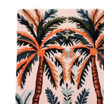 Vibrant hand-tufted area rug featuring an abstract design of palm trees in rich orange, green, and blue hues, perfect for adding a tropical touch to a dining room or living room. This wool rug is ideal as a dining table rug or for use as living room rugs 8x10.