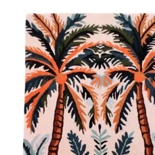 Vibrant hand-tufted area rug featuring an abstract design of palm trees in rich orange, green, and blue hues, perfect for adding a tropical touch to a dining room or living room. This wool rug is ideal as a dining table rug or for use as living room rugs 8x10.