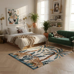 Majestic jungle dawn hand-tufted rug depicting leopards beneath palm trees in green and tan in a bright bedroom