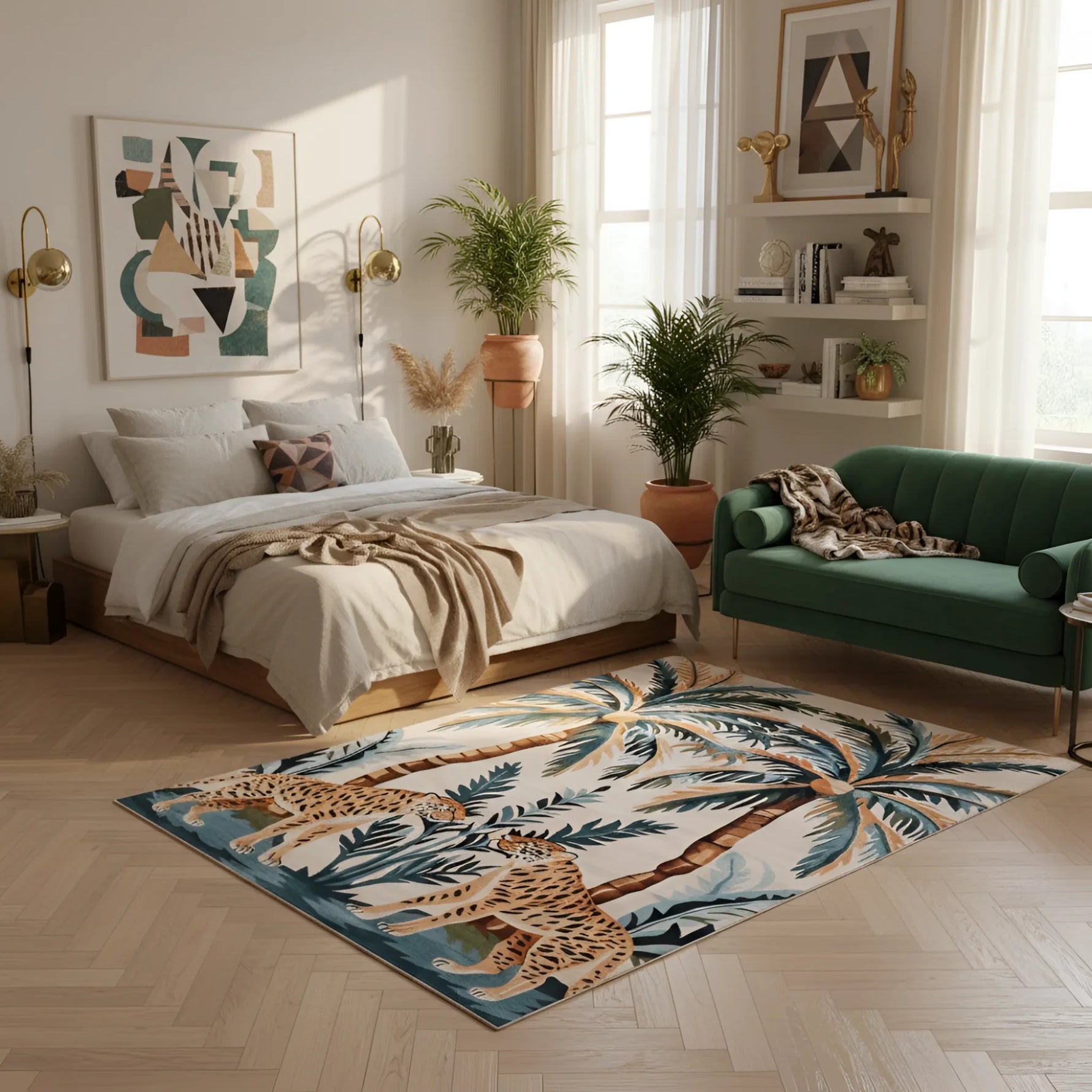 Majestic jungle dawn hand-tufted rug depicting leopards beneath palm trees in green and tan in a bright bedroom