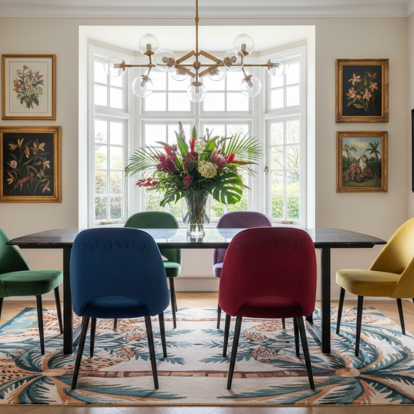Majestic jungle dawn hand-tufted rug with palm-leaf border under a dining table with colourful velvet chairs