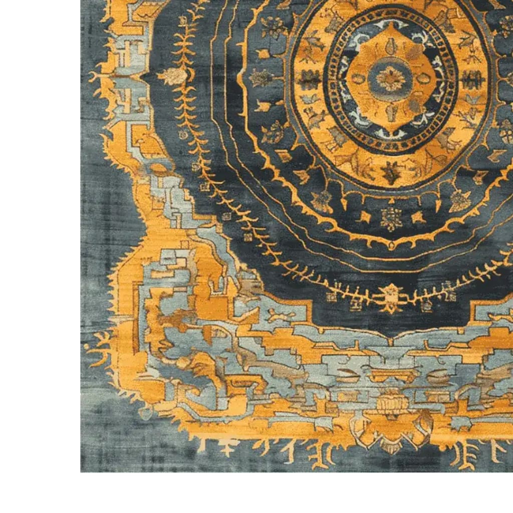 This stunning area rug features a vibrant mandala design with intricate patterns in shades of gold and blue, perfect for adding a touch of elegance to any room. Ideal as a vintage rug or large living room rug, this Persian-inspired piece showcases exquisite hand-knotted craftsmanship.