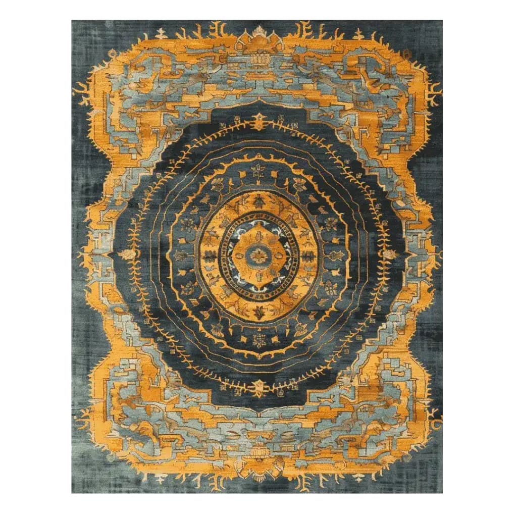 Majestic Mandala Hand Knotted Area Rug featuring a detailed vintage Persian design in shades of gold and blue. Perfect for large living rooms, this luxurious rug adds an elegant touch.