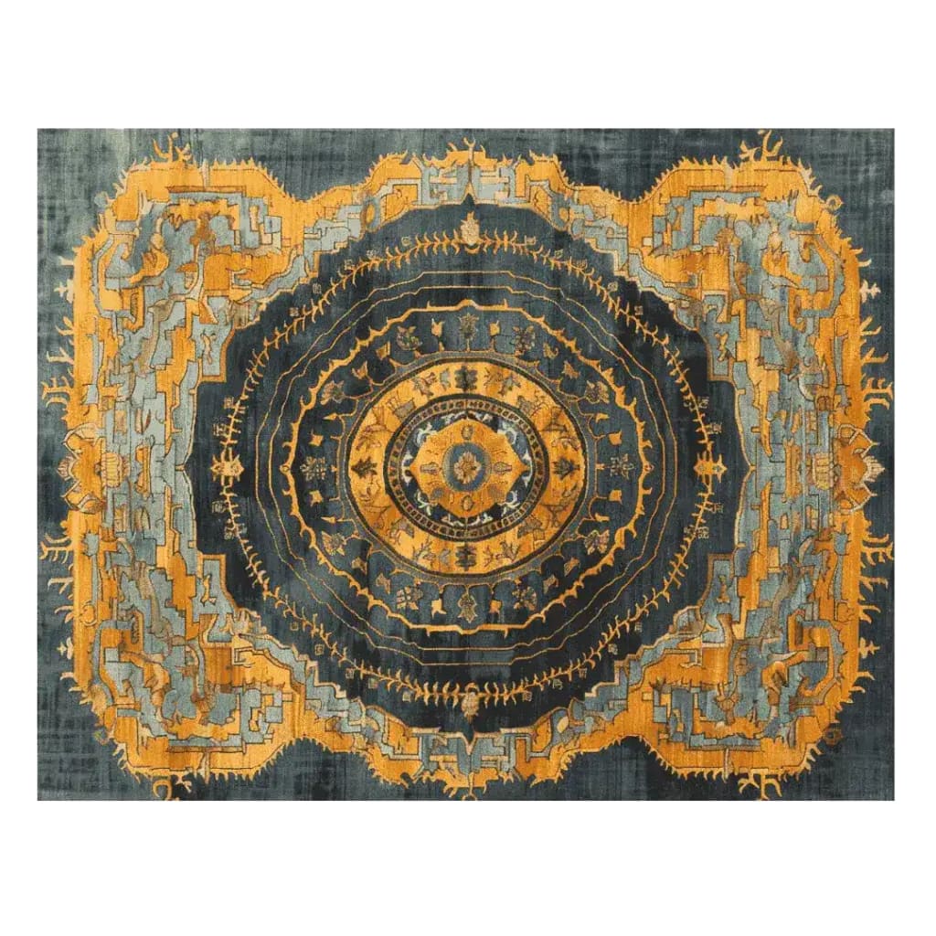 Majestic Mandala Hand Knotted Rug showcasing an intricate design with rich gold and blue tones. This elegant area rug, perfect for a large living room, embodies the charm of a vintage rug with Persian influences, adding a touch of luxury to your space.