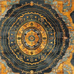 A beautifully intricate area rug featuring a majestic mandala design with rich hues of gold, navy, and teal. This vintage rug is perfect for adding a touch of elegance to large living room spaces, reminiscent of traditional Persian rugs.
