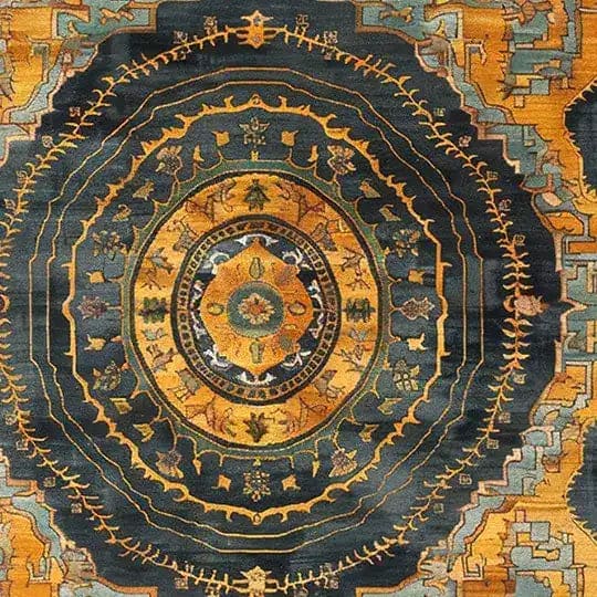 A beautifully intricate area rug featuring a majestic mandala design with rich hues of gold, navy, and teal. This vintage rug is perfect for adding a touch of elegance to large living room spaces, reminiscent of traditional Persian rugs.