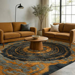 A beautifully designed area rug with a vintage mandala pattern, enhancing the elegance of a large living room. The rug features intricate Persian-style motifs in rich hues, perfectly complementing the modern mustard sofas and wooden coffee table.