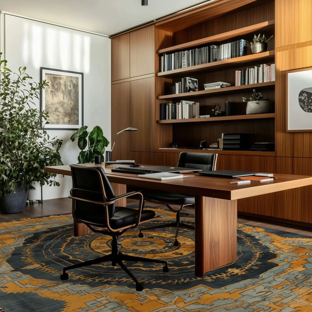 A stylish office space featuring a Majestic Mandala Hand Knotted Area Rug. The vintage rug showcases intricate patterns in warm hues, enhancing the large living room with a touch of Persian elegance. The room is complete with a wooden desk, leather chair, and built-in bookshelves, creating a sophisticated ambiance.