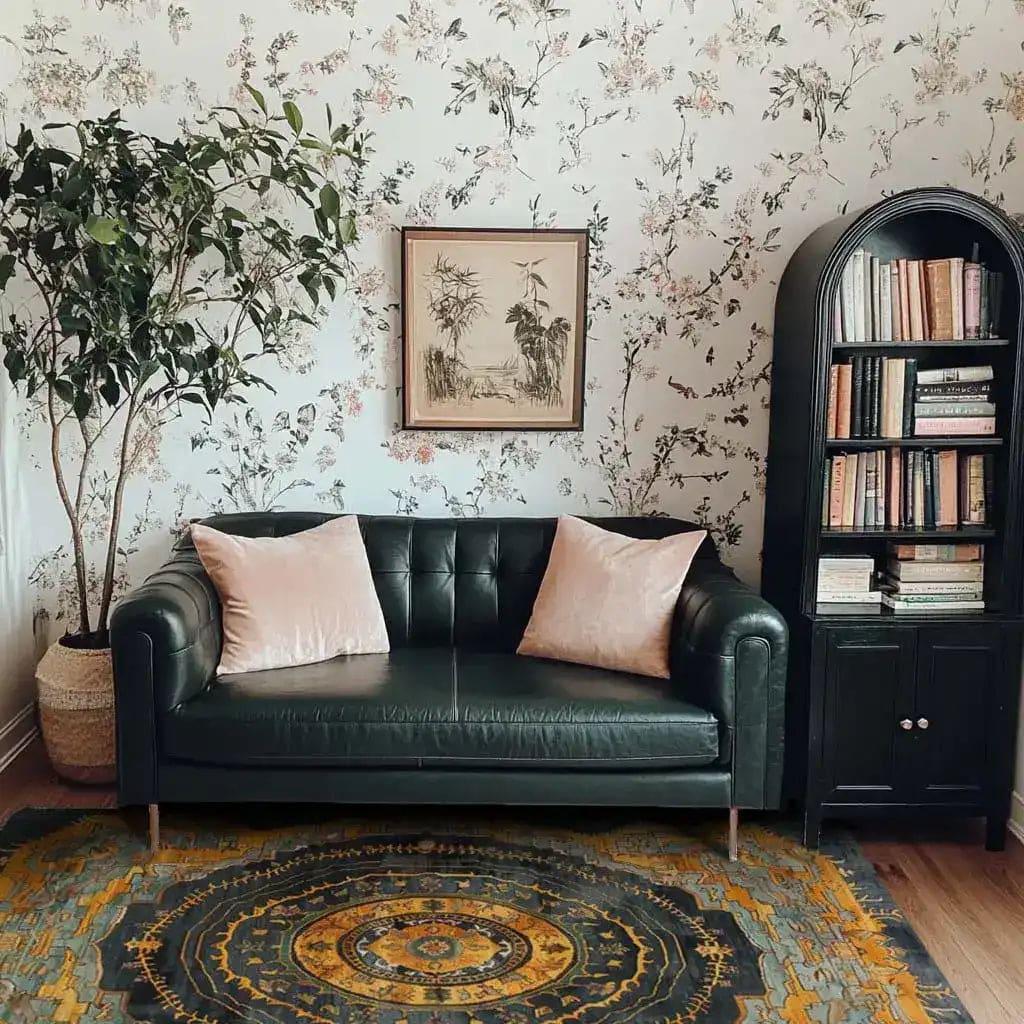 A cozy living room featuring a Majestic Mandala Hand Knotted Area Rug with intricate patterns, perfect for those seeking large vintage rugs. The rug's Persian-inspired design adds a classic touch, complementing the dark green leather sofa, floral wallpaper, and a black bookshelf filled with books.