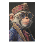 Close flat view of Majestic Monarch Regal Monkey Accent Rug with crowned monkey portrait in blue brocade coat on dark background