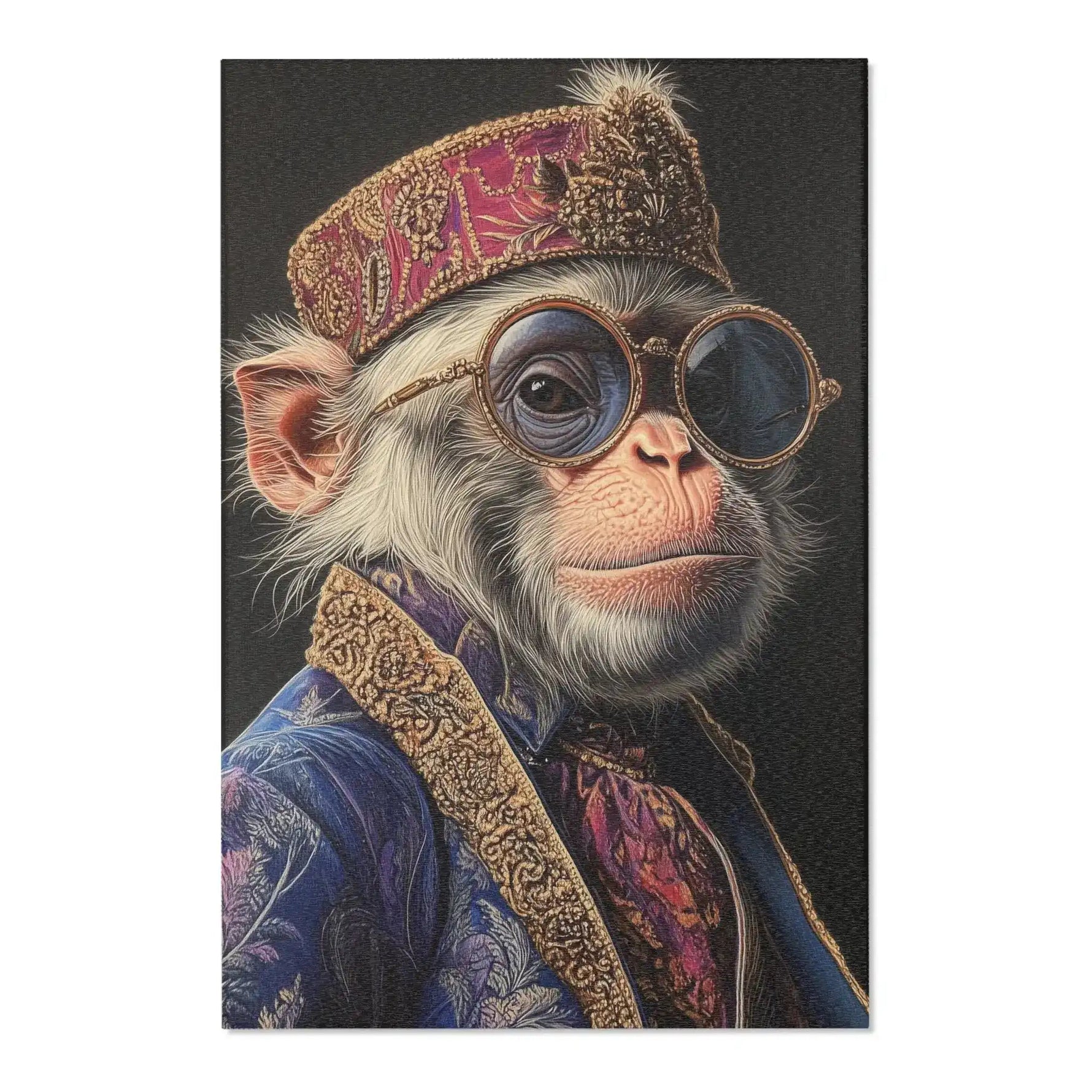 Close flat view of Majestic Monarch Regal Monkey Accent Rug with crowned monkey portrait in blue brocade coat on dark background