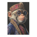 Full flat view of Majestic Monarch Regal Monkey Accent Rug showing monkey in jeweled crown round sunglasses and ornate blue coat