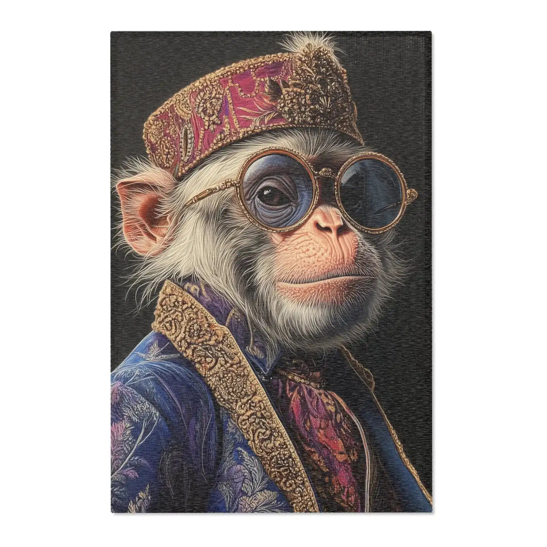 Full flat view of Majestic Monarch Regal Monkey Accent Rug showing monkey in jeweled crown round sunglasses and ornate blue coat