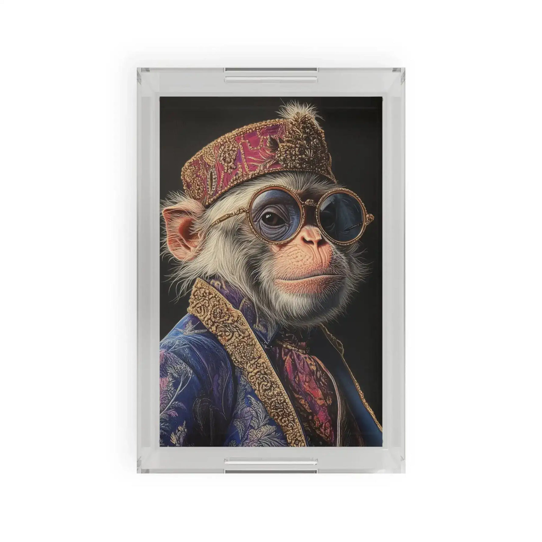 Majestic Monarch Regal Monkey Serving Tray front view with ornate embroidered hat, round glasses, blue brocade jacket on dark background