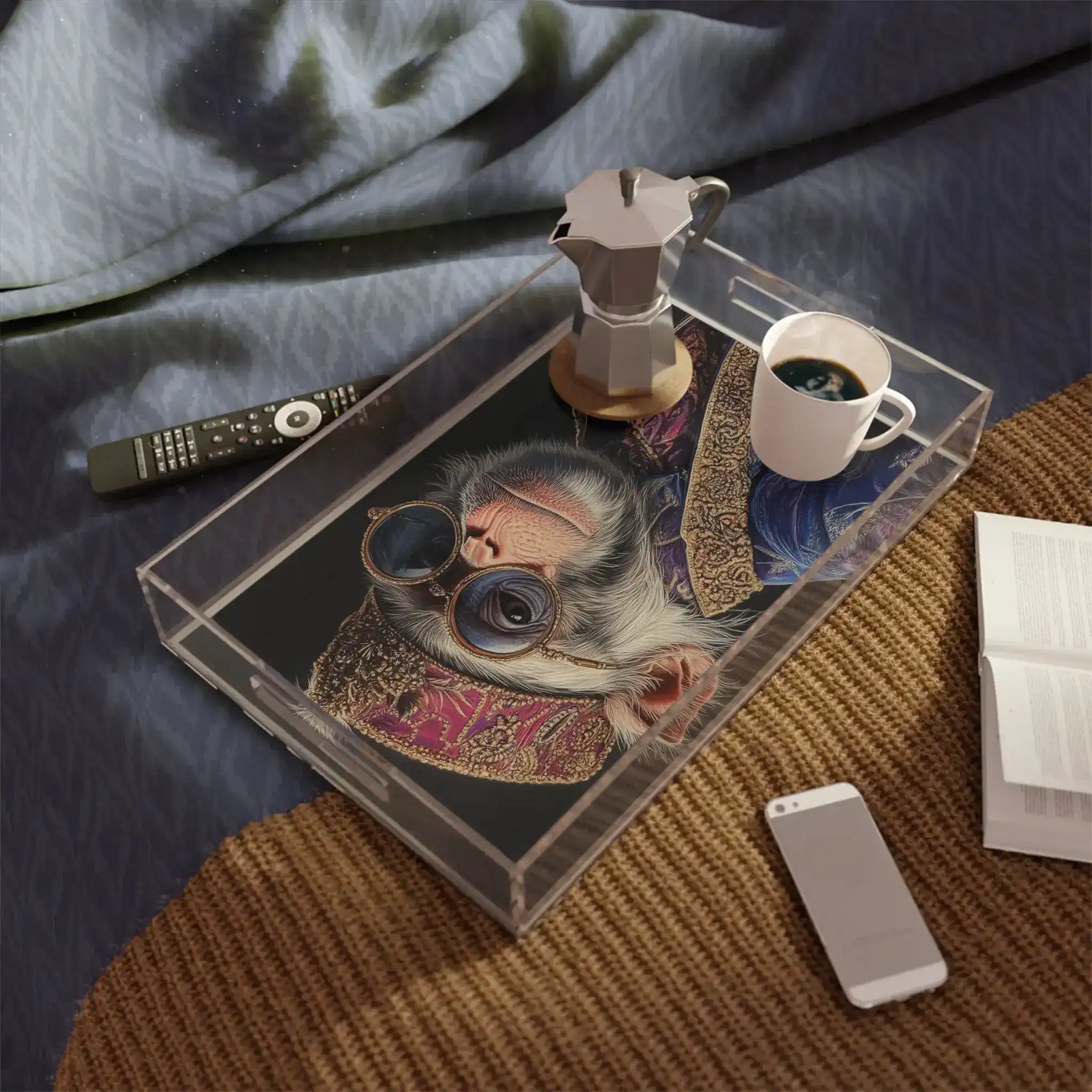 Majestic Monarch Regal Monkey Serving Tray styled on jute rug with coffee mug and moka pot in lifestyle setting