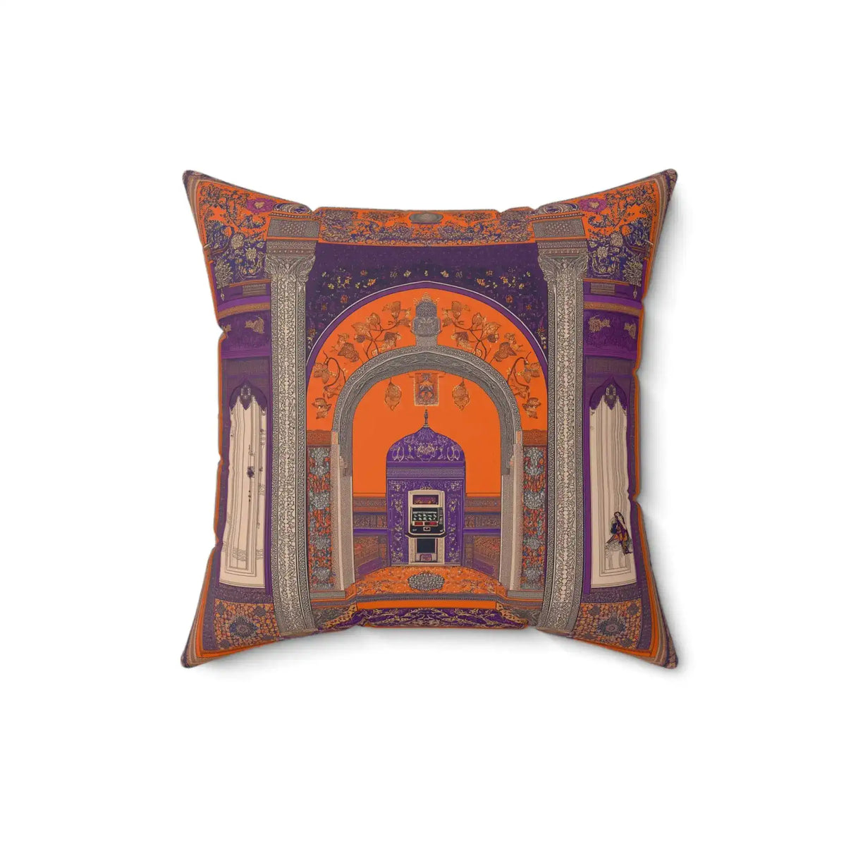 Majestic Oriental-Inspired Throw Pillow taller centered framing on white background showing full ornate archway pattern