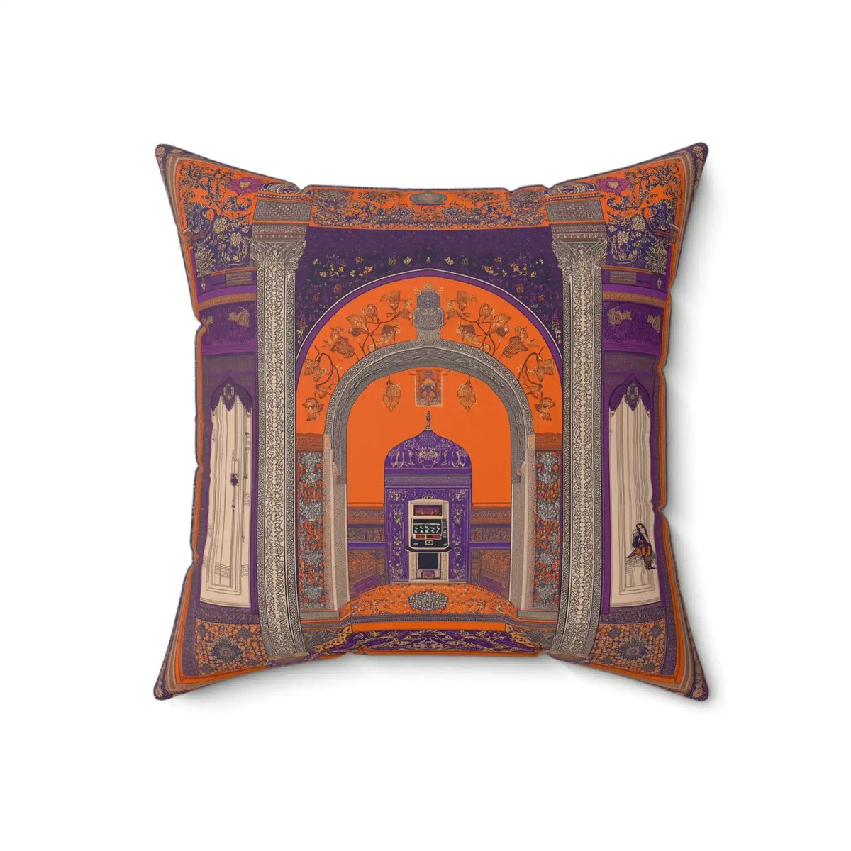 Majestic Oriental-Inspired Throw Pillow larger more filled front shot showing purple and orange Mughal archway detail