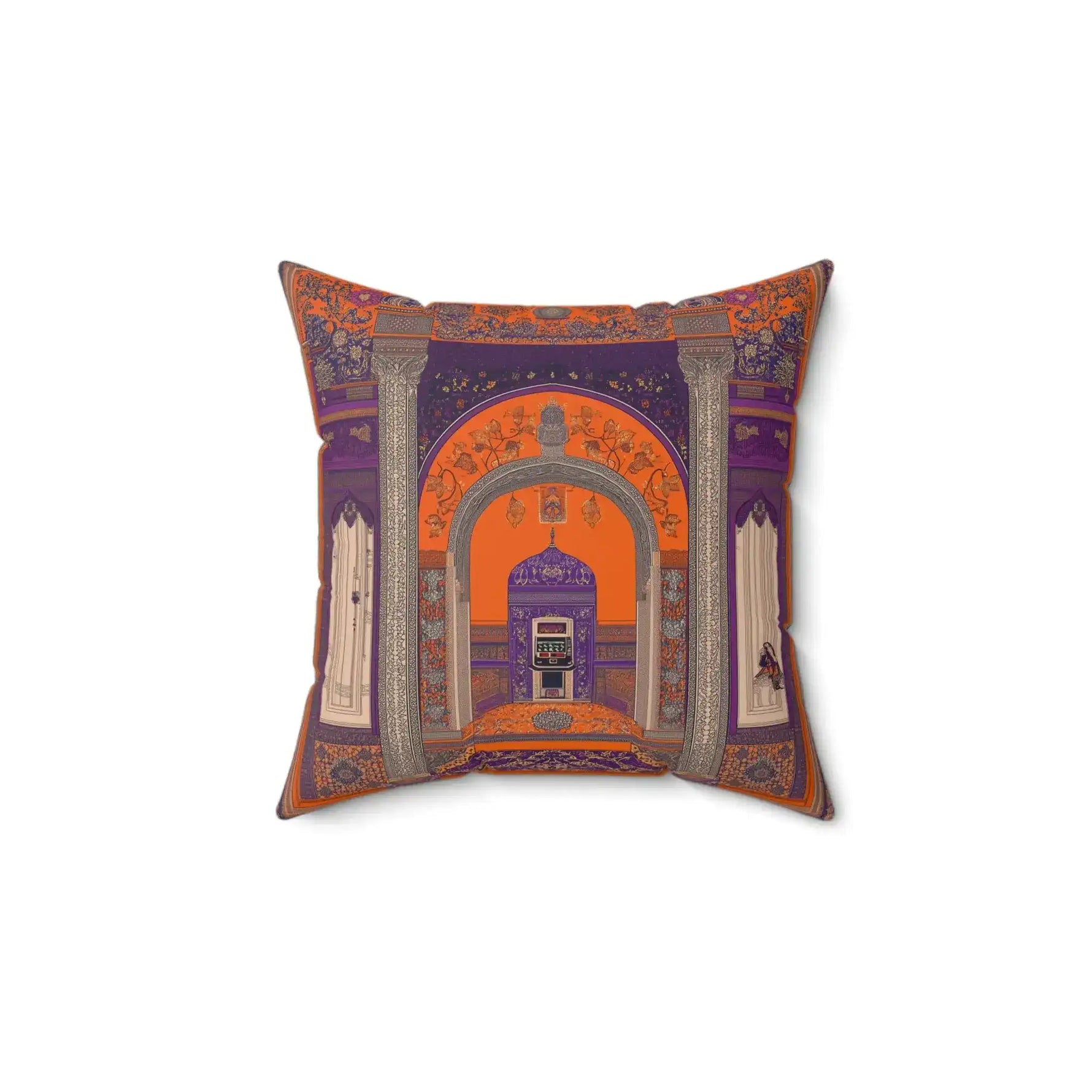 Majestic Oriental-Inspired Throw Pillow front view, square cushion with ornate Mughal archway in deep purple and burnt orange