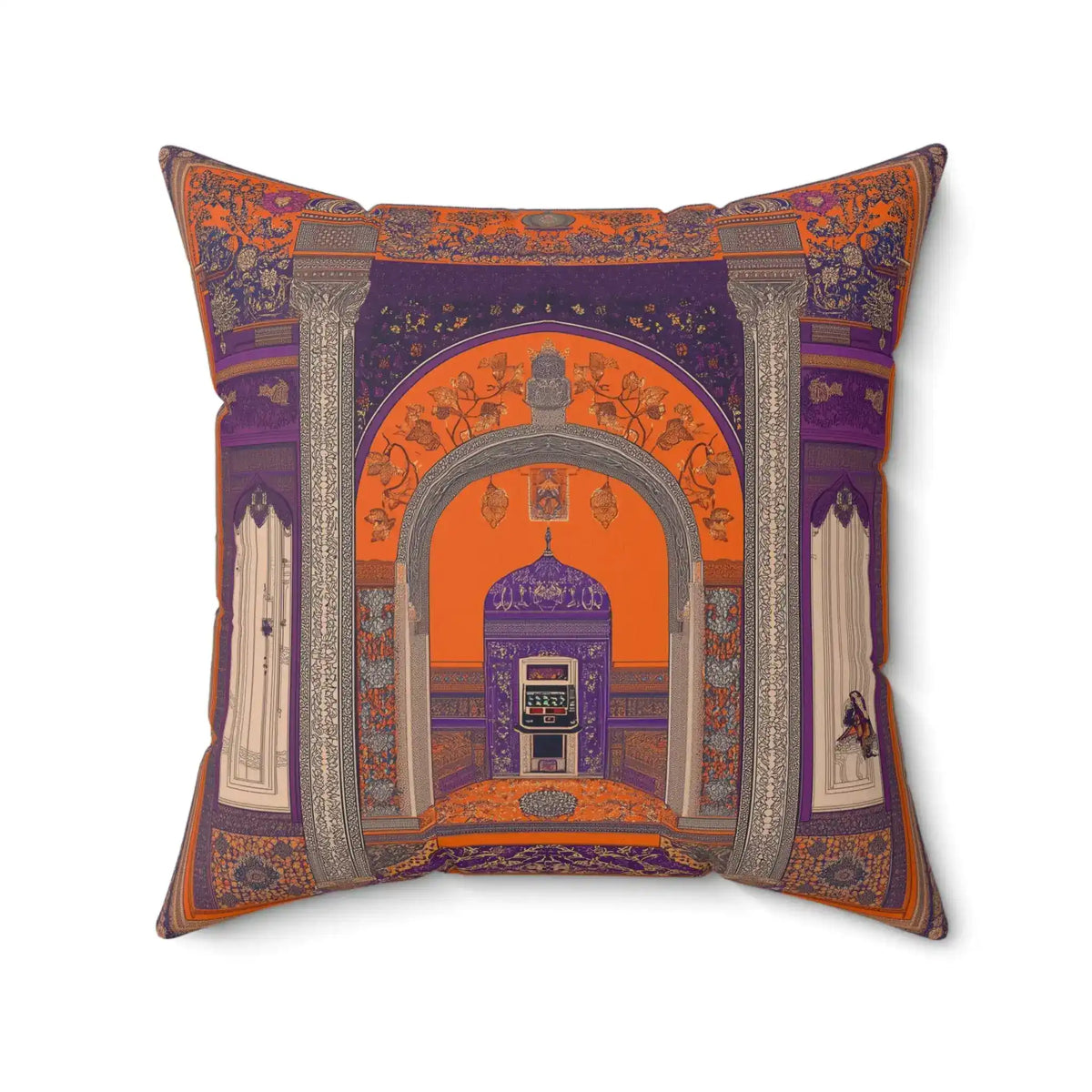 Majestic Oriental-Inspired Throw Pillow slightly angled shot revealing full depth of square cushion with archway print