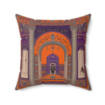 Majestic Oriental-Inspired Throw Pillow slightly angled shot revealing full depth of square cushion with archway print