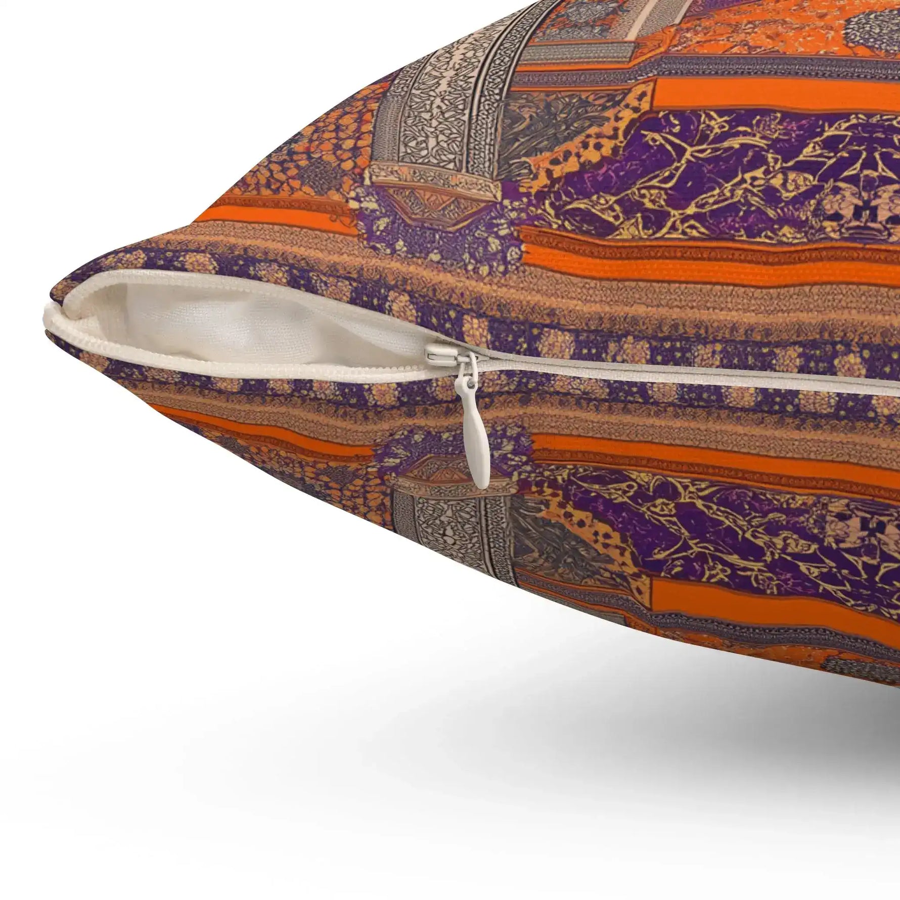Majestic Oriental-Inspired Throw Pillow close-up zipper detail showing white zipper with orange and purple striped border