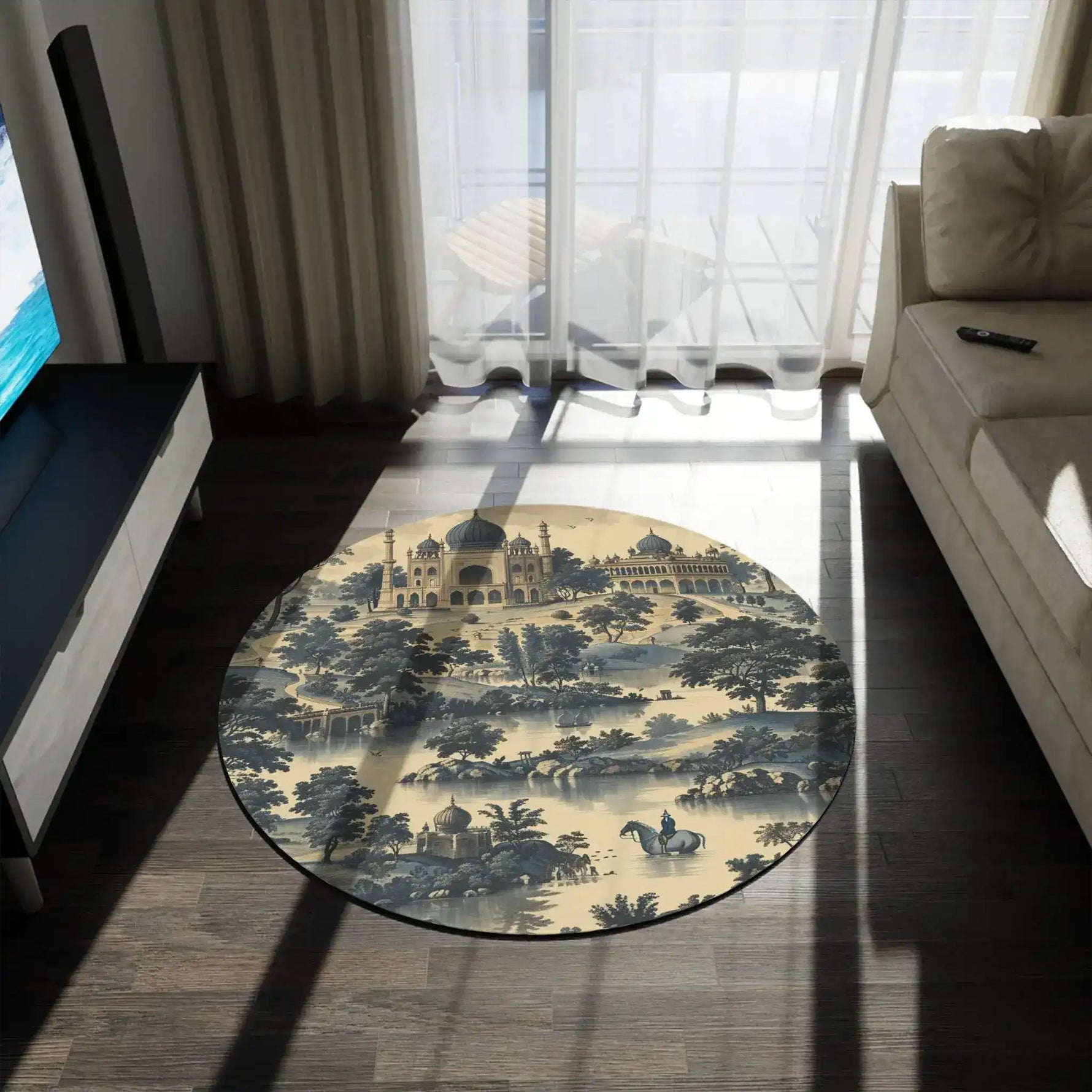 Majestic Palace and Landscape Blue and Beige Round Rug in dark moody living room with TV stand and sofa, blue beige toile design visible
