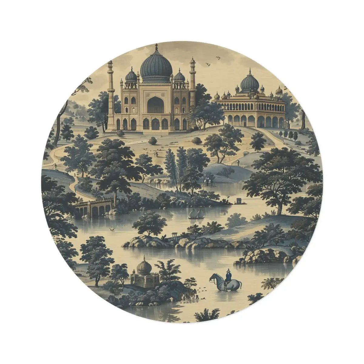 Majestic Palace and Landscape Blue and Beige Round Rug with toile de jouy domed palace, minarets, trees, river, and riders on horseback