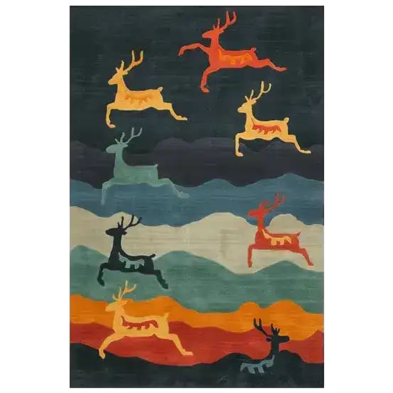 Majestic Reindeer Flight Hand Tufted Area Rug, featuring vibrant reindeer motifs in various colors against a multicolored backdrop. Ideal for wool rug enthusiasts, this large living room rug in 8x10 size adds a touch of elegance and warmth to any space.
