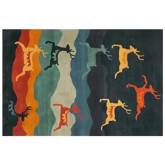 Majestic Reindeer Flight Hand Tufted Area Rug featuring vibrant silhouettes of reindeer in orange, black, and red hues against a background of wavy stripes in warm and cool tones. This wool rug is perfect for adding a bold statement to your living room, ideal for large living room rugs or living room rugs 8x10.